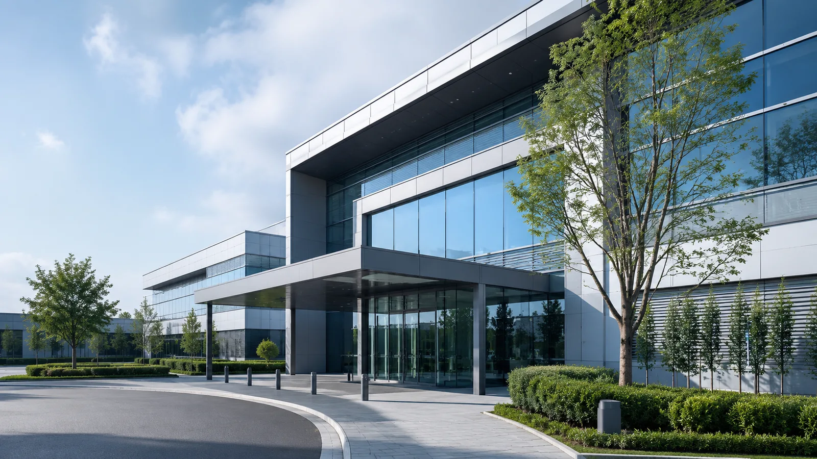 Modern commercial building exterior with landscaped grounds