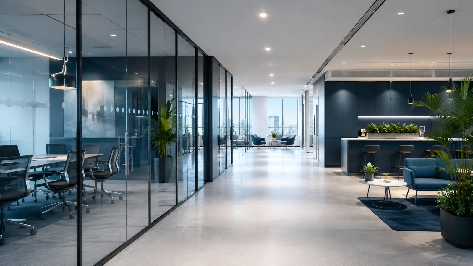 Well-managed modern office interior with glass meeting rooms