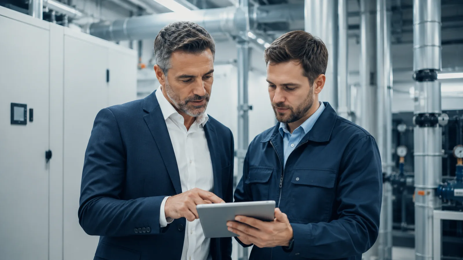 Facilities manager and engineer reviewing site operations together
